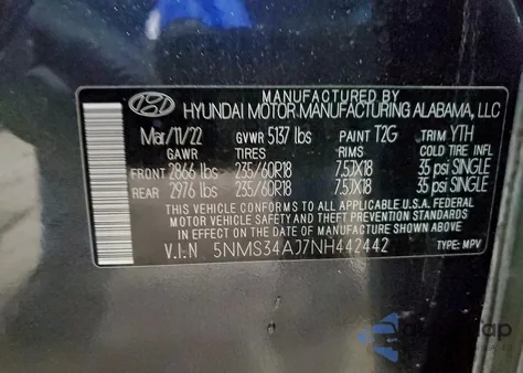 2022 Hyundai Santa Fe Sel z USA, uszkodzony, nr VIN 5NMS34AJ7NH442442